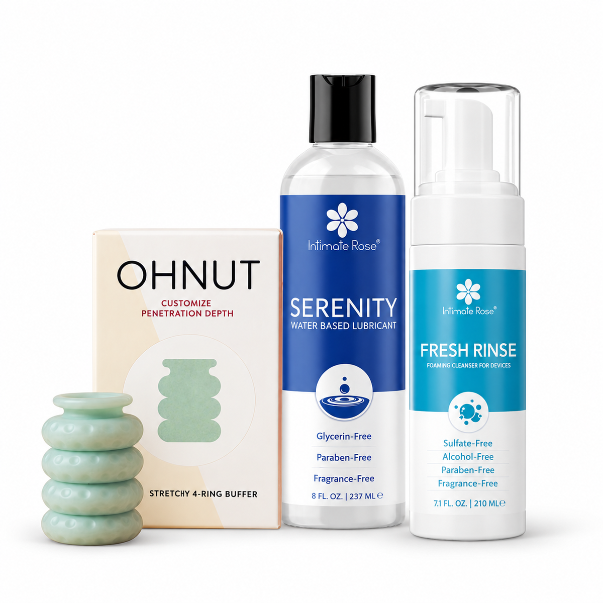 Ohnut Essentials bundle with Ohnut depth-limiting rings, Serenity water-based lubricant and Fresh Rinse Cleanser